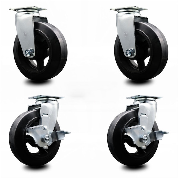 6 Inch Rubber on Cast Iron Swivel Caster Set with Roller Bearings 2 Brakes